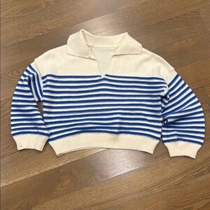 Rainbow Day Studios Medium Collared  Blue and Cream Striped Crop  Sweater